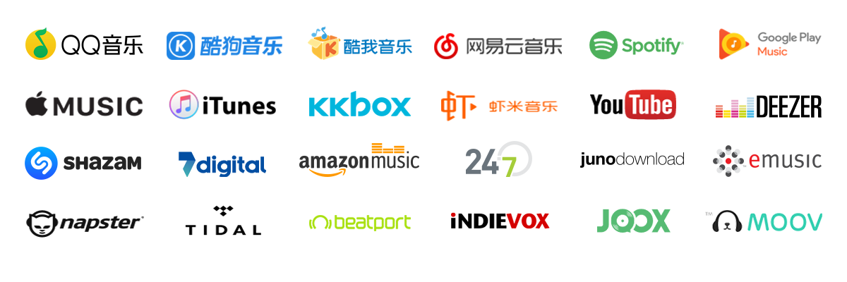 腾讯音乐集团QQ音乐、酷狗音乐、酷我音乐、网易云音乐、百度音乐、虾米音乐；以及国际知名音乐平台：AppleMusic苹果音乐、Spotify、谷歌音乐、亚马逊音乐、KKBOX、YOUTUBE